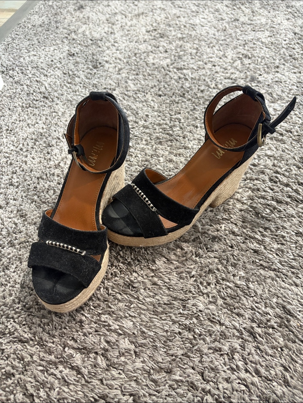 Women's Black Suede Wedge Sandals with Ankle Strap